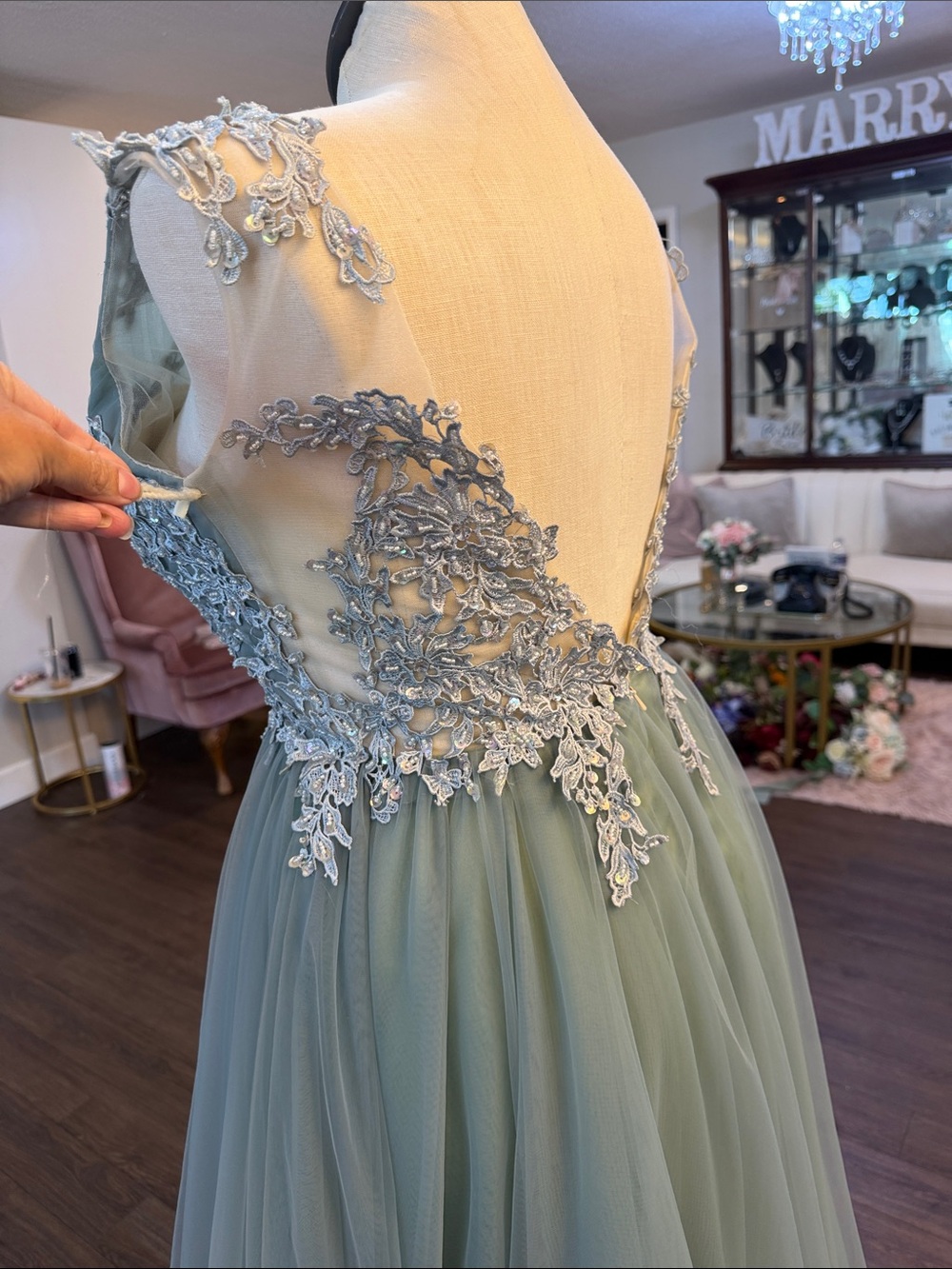 Elegant Sage dusty teal Green Tulle Evening Dress with Lace Appliqué - Picture 6 of 11